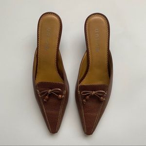 brown square toe mule kitten heels with bows